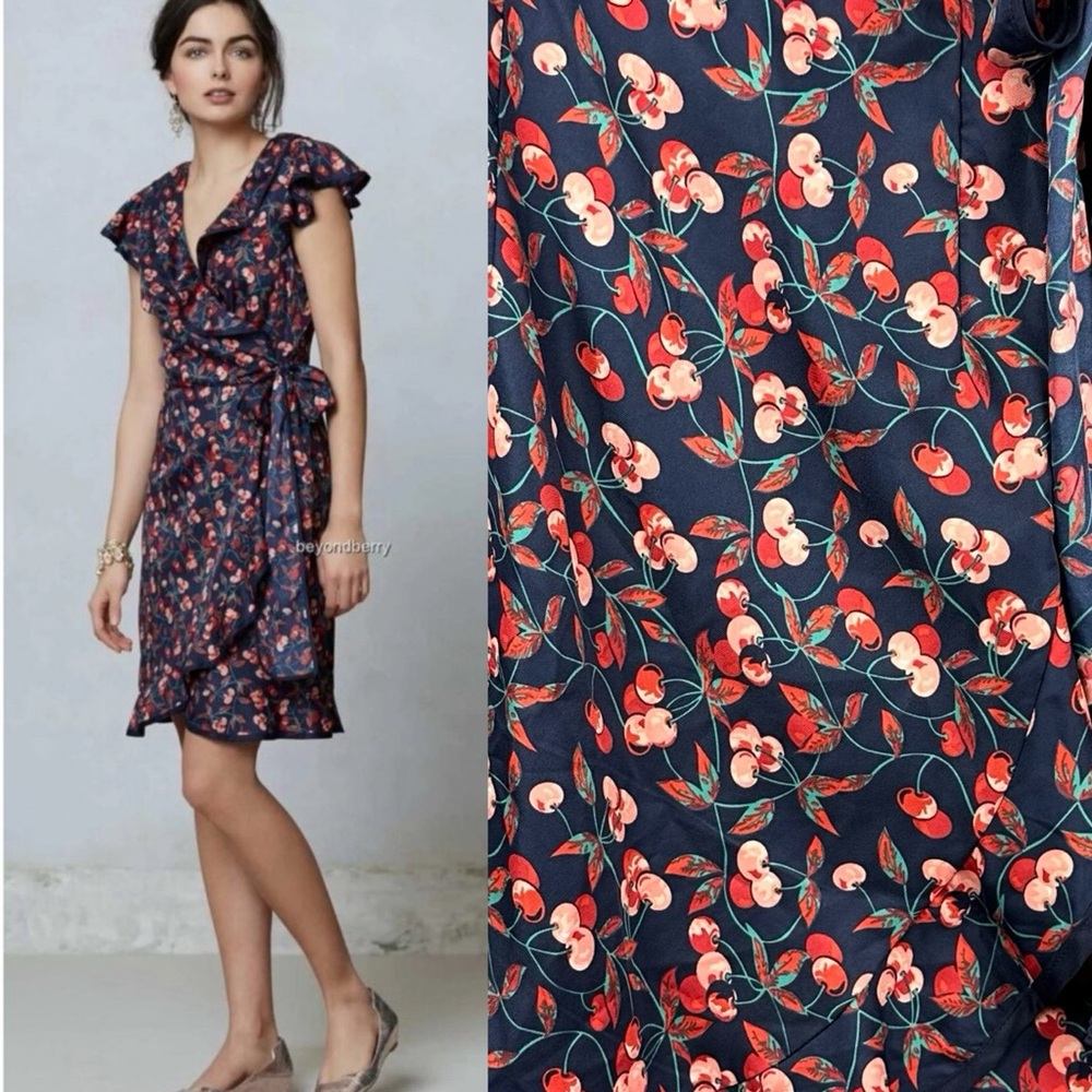 Hi There Karen Walker Navy Cherry Print Ruffle Short Sleeve Wrap Midi Dress 6